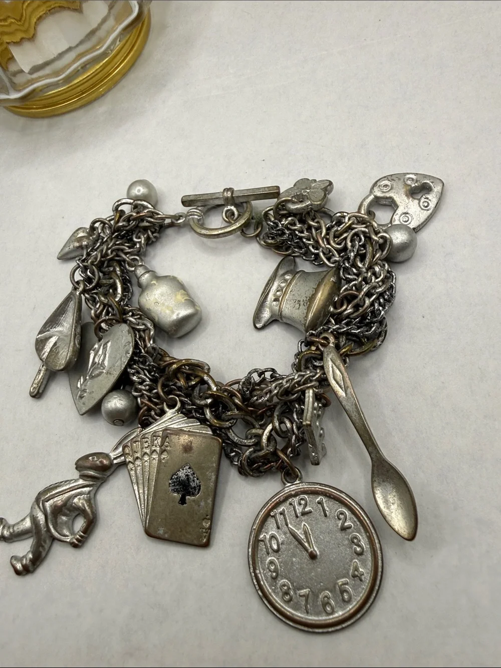 Alice & Wonderland Silver tone Charm Bracelet rabbit Playing Cards Charms as is